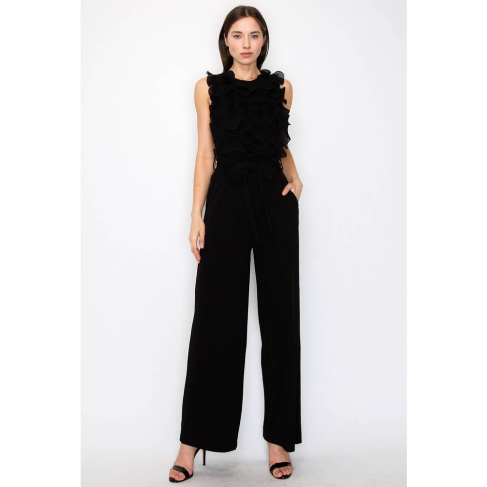 NWT Boutique Brooke Front Ruffled Sleeveless Jumpsuit | Belted Organza Detail